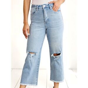 High Rise Tummy Control Cropped Jeans Distressed Light Wash Raw Hem Stretch RFM